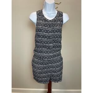LOFT Black White Boho Linen Blend Romper Size L Scoop Neck Button Front